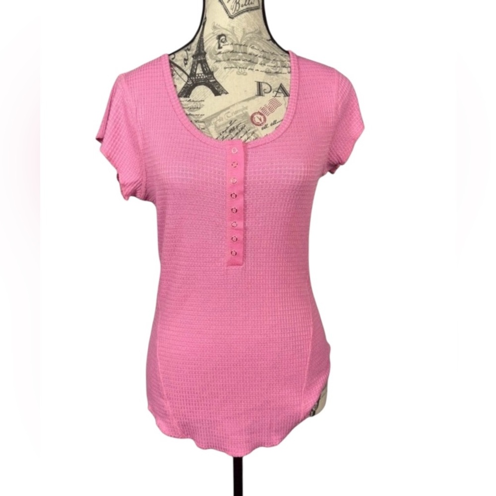 Zeana Outfitters Pink Waffle Knit Henley Top Size M Short Sleeve Ribbed Thermal - Picture 2 of 9
